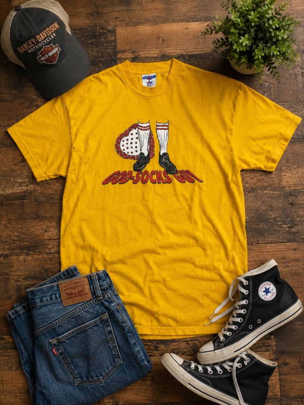 Vintage 90s God-Socks Guy T Shirt Jerzees USA Made Graphic Tee Yellow M Rare